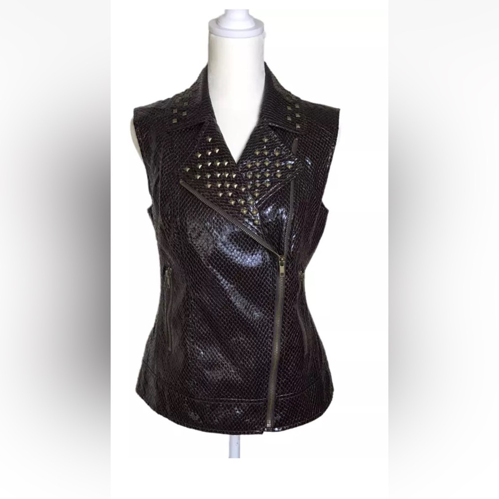 V CRISTINA Studded Zip Dark Brown Snakeskin Vest w Pockets Large